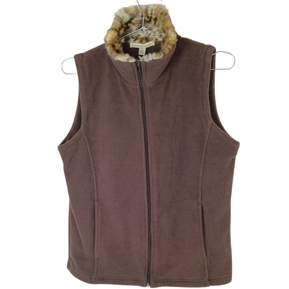 Carolyn Taylor Bark Brown Fleece Vest Faux Fur Leopard Collar Zip Up Small NEW